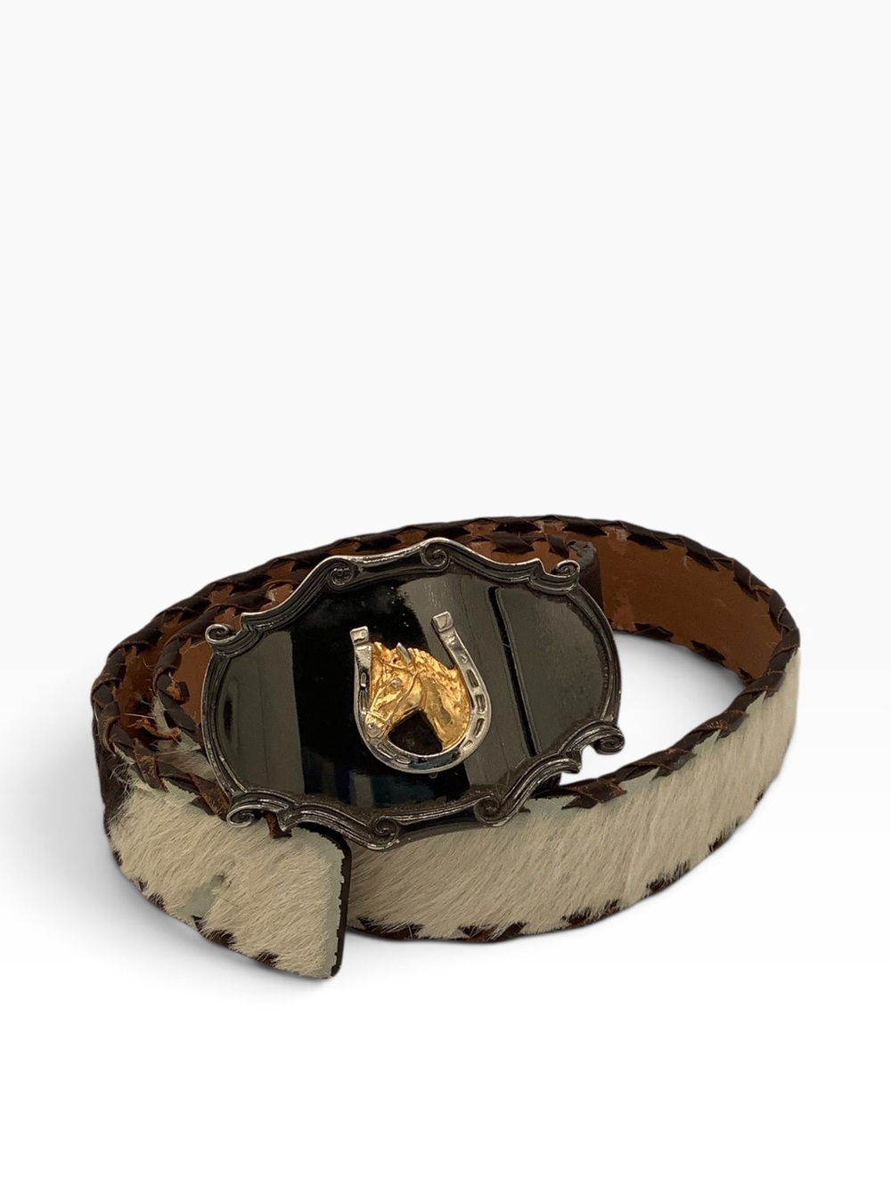 Raintree Vintage Horse/Horseshoe Buckle Hair Aura Leather Belt Sz 30 Black/White